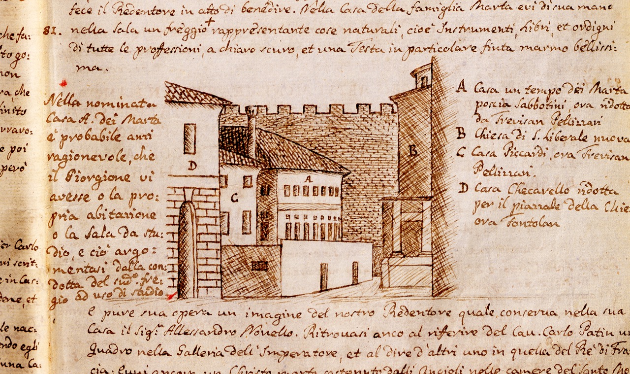 Casa Marta, poi Trevisan-Pellizzari, ora Museo Casa Giorgione, in un disegno dopo il restauro del 1831. Si tratta di una copia ottocentesca con disegni e aggiunta di mano di Luigi Tescari, custodita nella Biblioteca Comunale di Castelfranco Veneto.